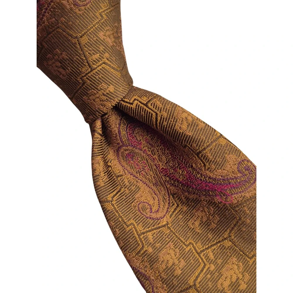 Paul Stuart Mens Gold Bronze Pink Paisley Geometric Italian Silk Necktie Tie